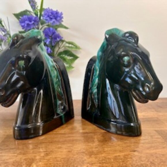 Blue‎ Mountain Pottery Horse Head Bookends Canadian Mid-Century Green Drip Glaze - Picture 3 of 6